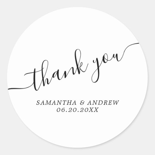 Black white casual typography thank you wedding classic round sticker