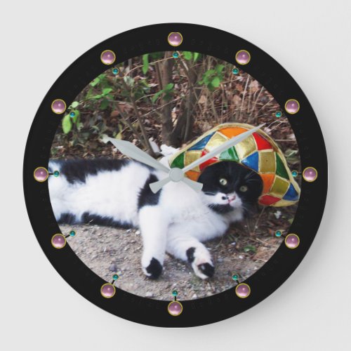 BLACK WHITE CAT AND HARLEQUIN HAT Masquerade Party Large Clock