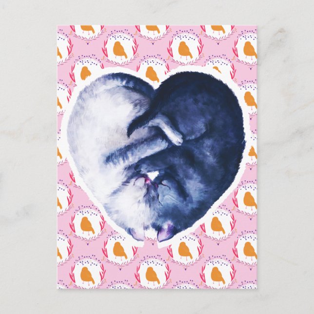 Black White Cat Bird Love Watercolor Holiday Postcard (Front)
