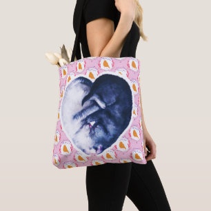 Black White Cat Bird Love Watercolor Tote Bag