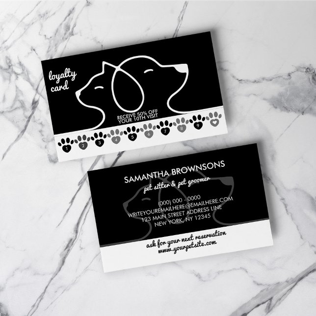 Black White Cat Dog Pet Paws Discount Loyalty Business Card (Black White Cat Dog Pet Paws Discount Loyalty Business Card)