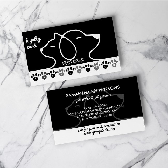 Black White Cat Dog Pet Paws Discount Loyalty Business Card