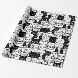 Black &amp; White Cat Faces Pattern Birthday Party Wrapping Paper