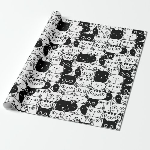 Black  White Cat Faces Pattern Birthday Party Wrapping Paper