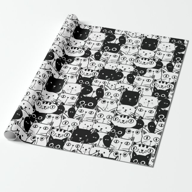 Black & White Cat Faces Pattern Birthday Party Wrapping Paper (Unrolled)