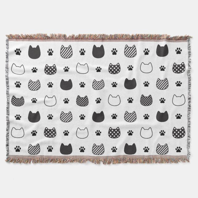 Black & White Cat Faces Throw Blanket (Front)