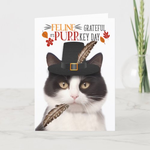 Black White Cat Feline Grateful for PURRkey Day Holiday Card