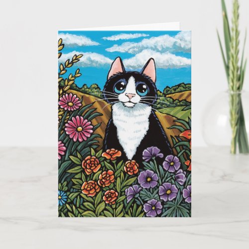 Black  White Cat Flower Field Meadow Card