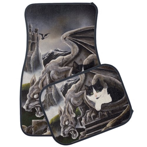 Black White Cat Gargoyle Car Floor Mat