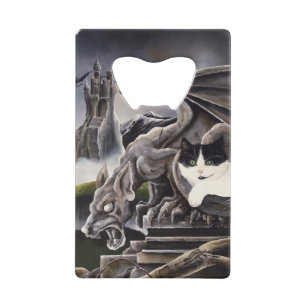 Black White Cat Gargoyle  Credit Card Bottle Opener