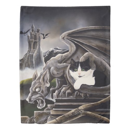 Black White Cat Gargoyle Duvet Cover