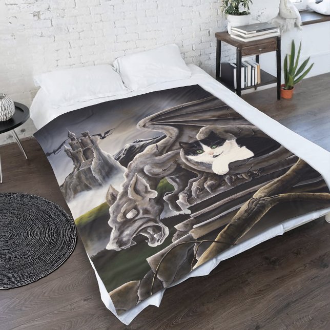 Black White Cat Gargoyle Fleece Blanket (Creator Uploaded)