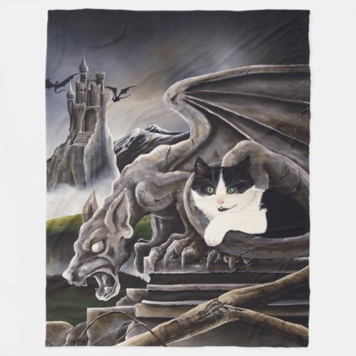 Black White Cat Gargoyle Fleece Blanket