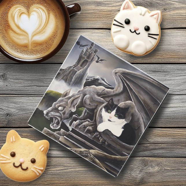 Black White Cat Gargoyle Glass Coaster (Creator Uploaded)