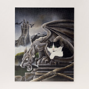 Black White Cat Gargoyle Jigsaw Puzzle