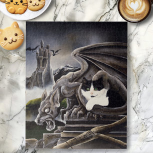 Black White Cat Gargoyle Jigsaw Puzzle