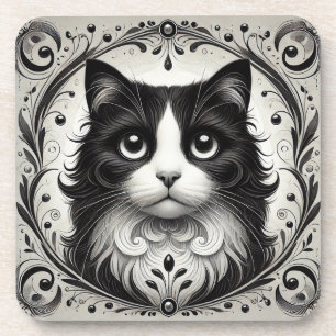 🐱 Black & White Cat Glow ❄️ Elegant Portrait Beverage Coaster