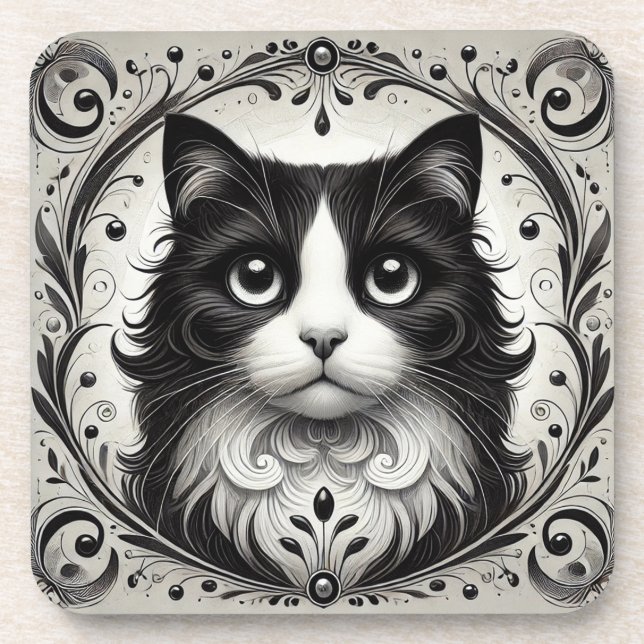🐱 Black & White Cat Glow ❄️ Elegant Portrait Beverage Coaster (Front)