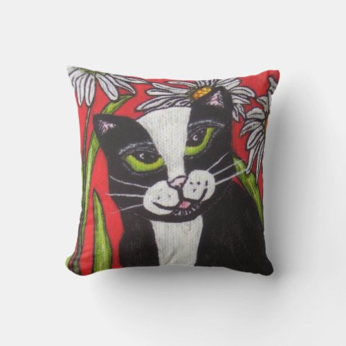 Black White Cat Green Eyes Bold Bright Daisies Outdoor Pillow