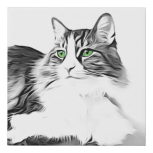 Black white cat green eyes stylized photo faux canvas print