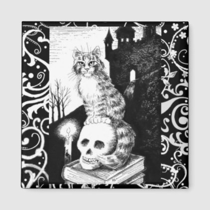 Black &amp; White Cat Halloween kitten skull magnet