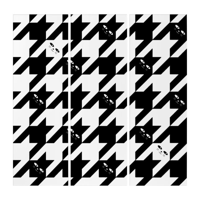 black white cat houndstooth triptych (Front)