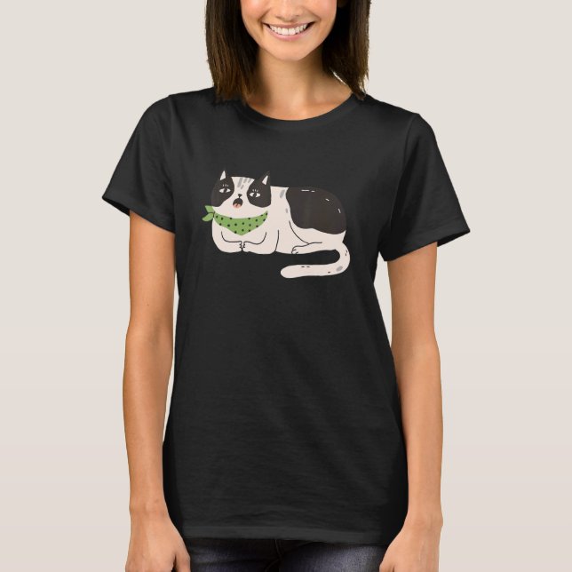 Black White Cat Illustration Meowing Cute Kitty T-Shirt (Front)