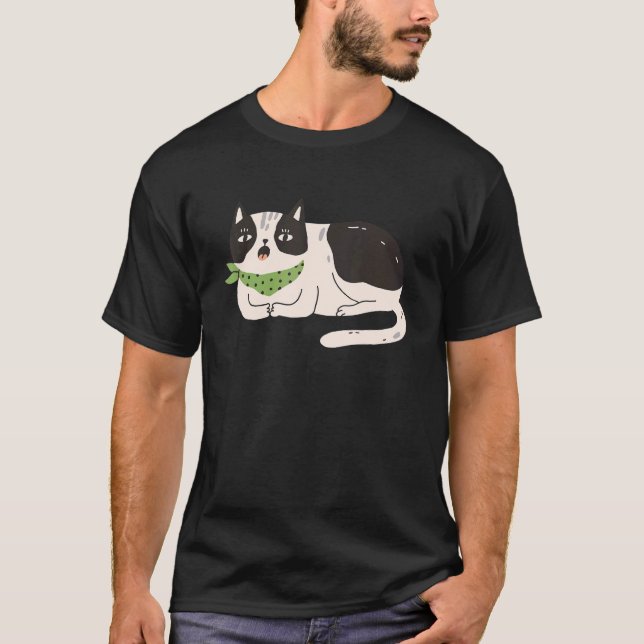 Black White Cat Illustration Meowing Cute Kitty T-Shirt (Front)