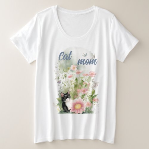 Black White Cat in Floral Garden  Plus Size T_Shirt