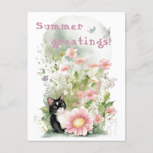 Black White Cat in Floral Garden  Postcard