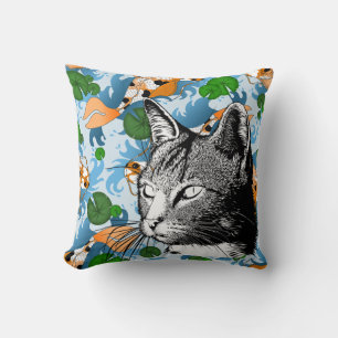 Black & White Cat & Japanese Koi Fish Throw Pillow