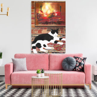 Black White Cat Lying front of Fireplace  Canvas Print
