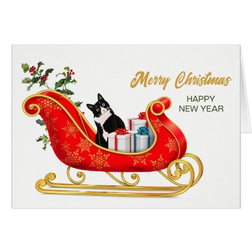 Black White Cat Meowy Christmas Sleigh Card