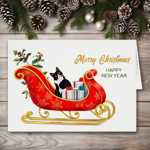 Black White Cat Meowy Christmas Sleigh Card
