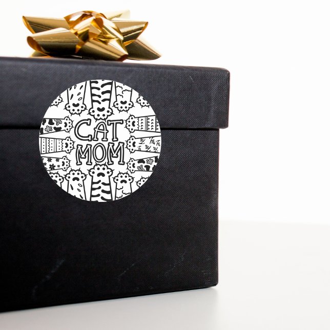 Black & White Cat Mom Paw Print Design Classic Round Sticker (Creator Uploaded)