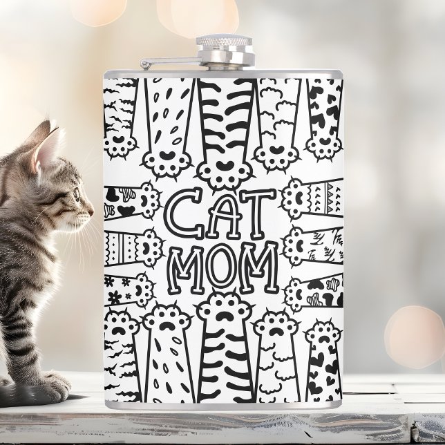 Black & White Cat Mom Paw Print Design Flask (Creator Uploaded)