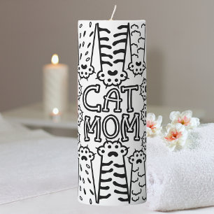 Black & White Cat Mom Paw Print Design Pillar Candle