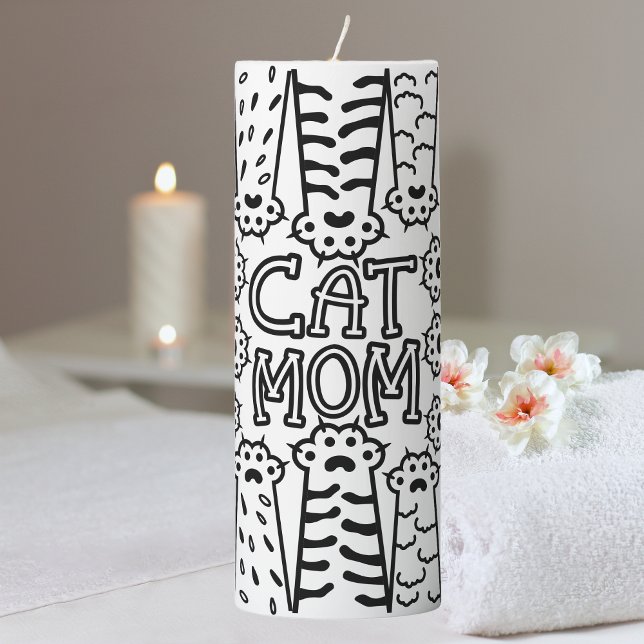 Black & White Cat Mom Paw Print Design Pillar Candle (Creator Uploaded)