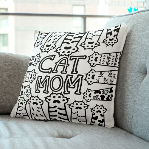 Black  White Cat Mom Paw Print Design Throw Pillow