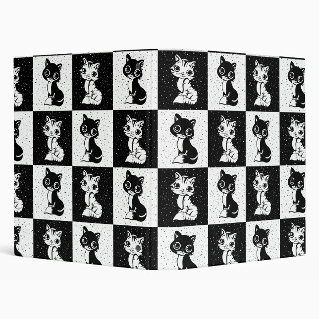 Black White  Cat Monogram Block Print 3 Ring Binder (Background)