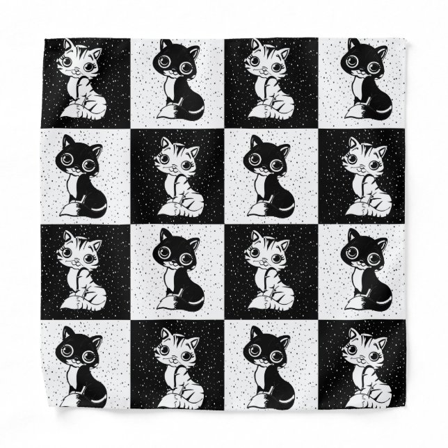 Black White  Cat Monogram Block Print Bandana (Front)
