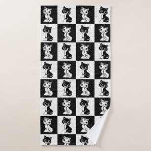 Black White  Cat Monogram Block Print Bath Towel
