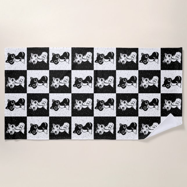 Black White  Cat Monogram Block Print Beach Towel (Front)