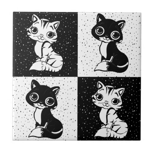 Black White  Cat Monogram Block Print Ceramic Tile