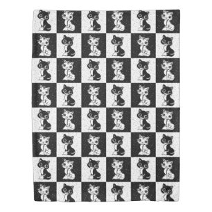 Black White  Cat Monogram Block Print Duvet Cover