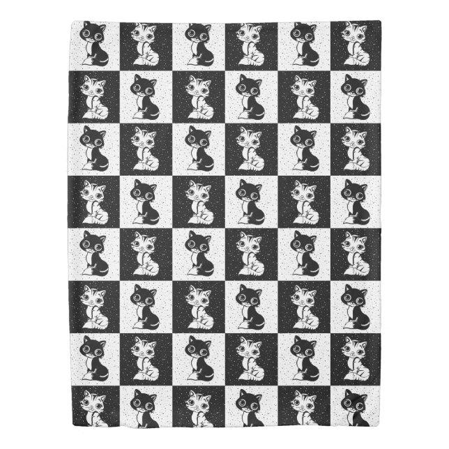 Black White  Cat Monogram Block Print Duvet Cover (Front)