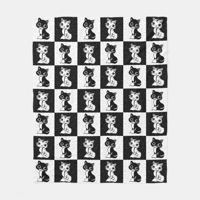 Black White  Cat Monogram Block Print Fleece Blanket (Front)