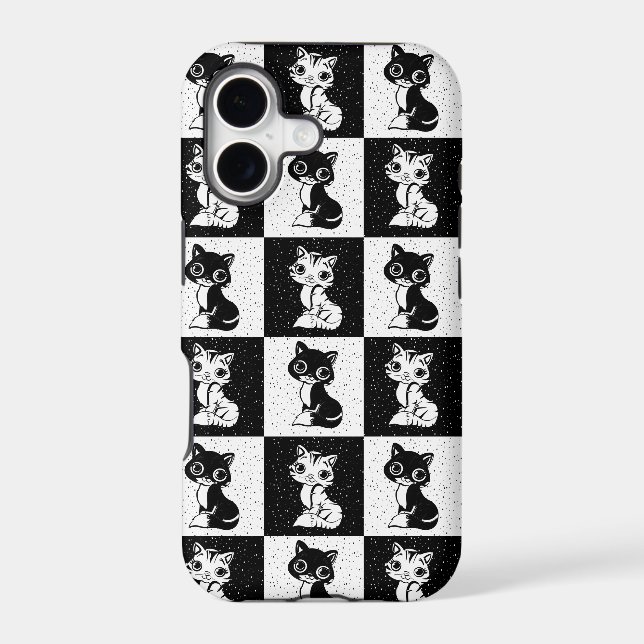 Black White  Cat Monogram Block Print Iphone Case (Back)