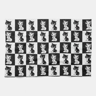 Black White  Cat Monogram Block Print Kitchen Towel