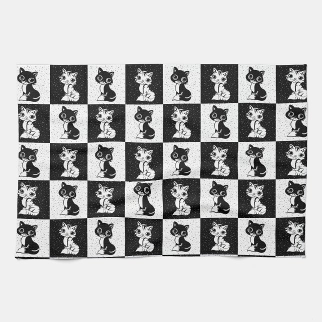 Black White  Cat Monogram Block Print Kitchen Towel (Horizontal)